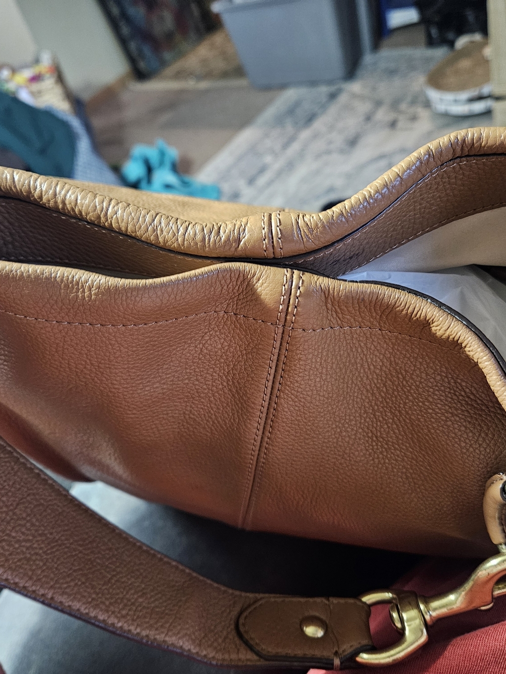 Coach Pebbled Leather Shoulder Bag in Cognac Brown with Brass Hardware - Picture 11 of 15
